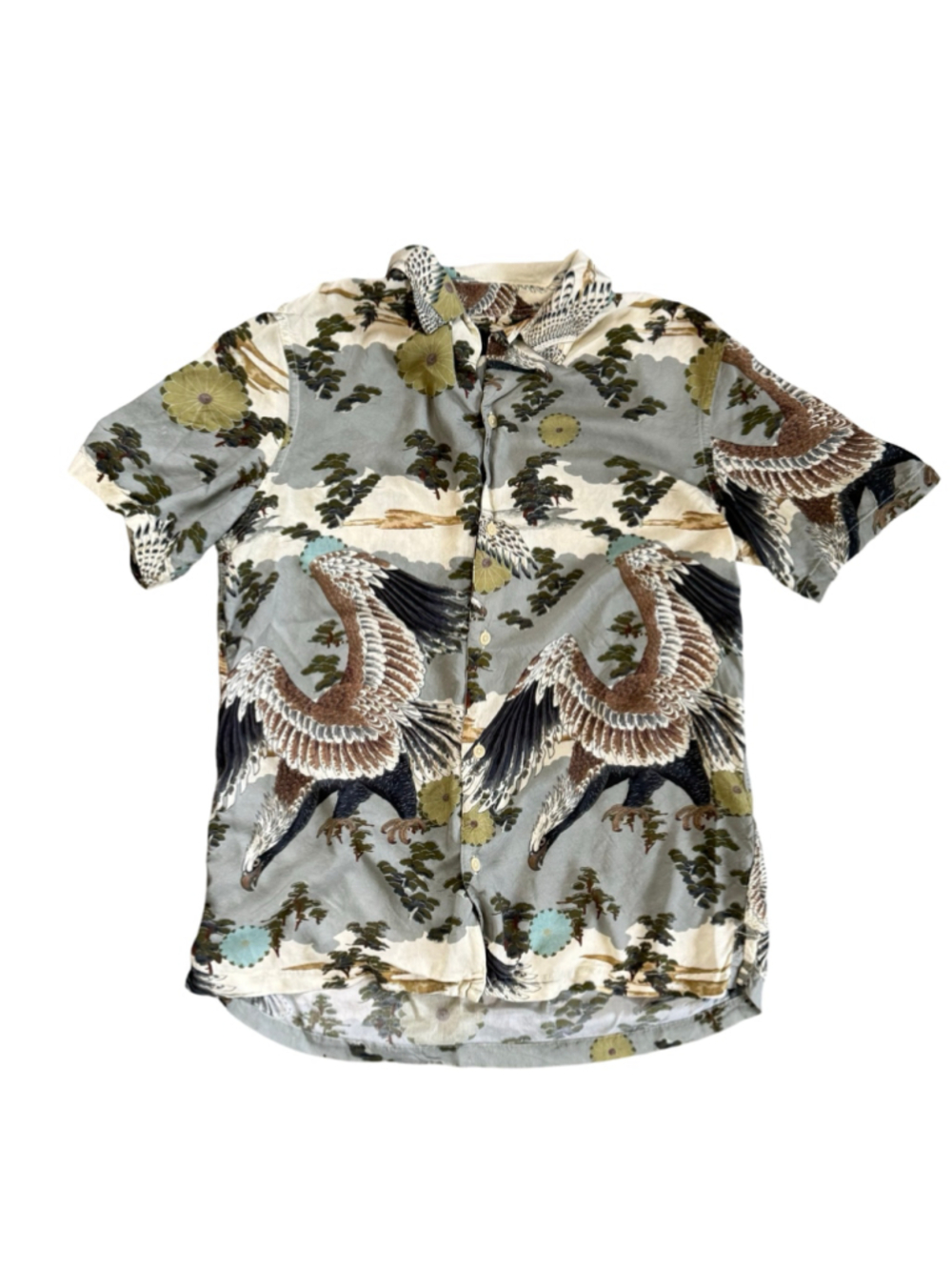 AllSaints Mens Medium Eagle Print Viscose Short Sleeve Camp Collar Shirt Gray